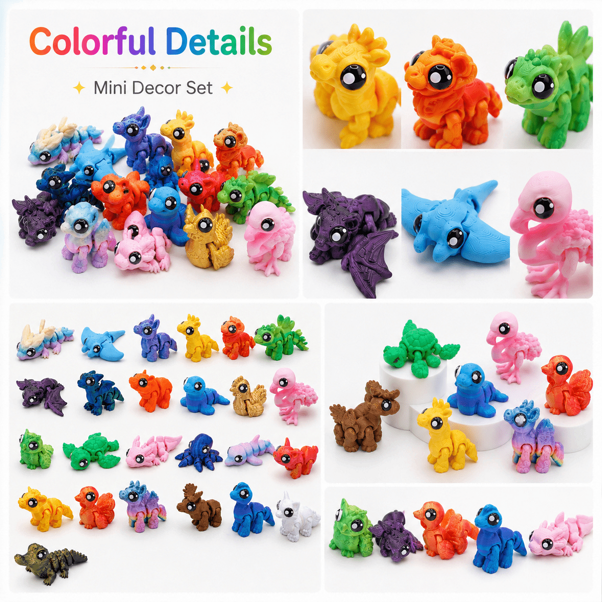 25PCS 3D Printed Mini Animal Figurines, Assorted Designs Colorful