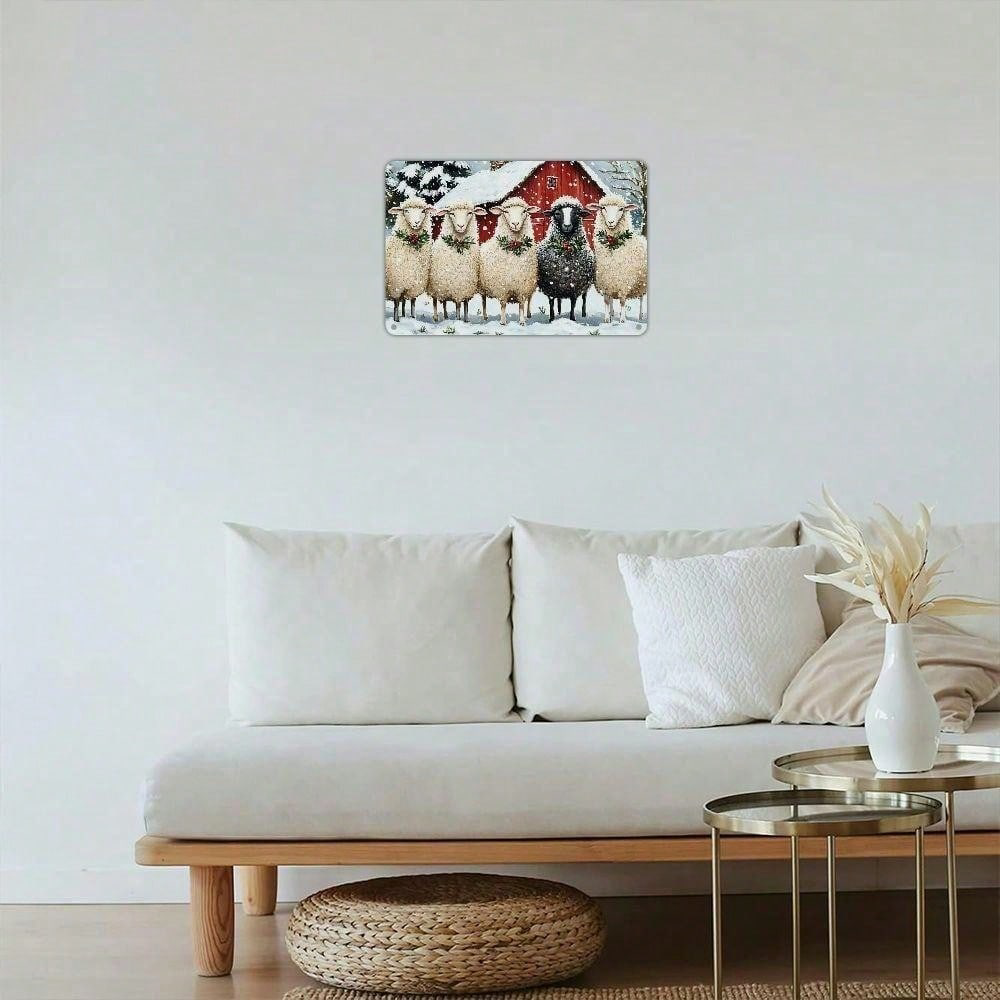 Christmas Red House Sheep Metal Iron Sign, Rustic Winter Snow Wall