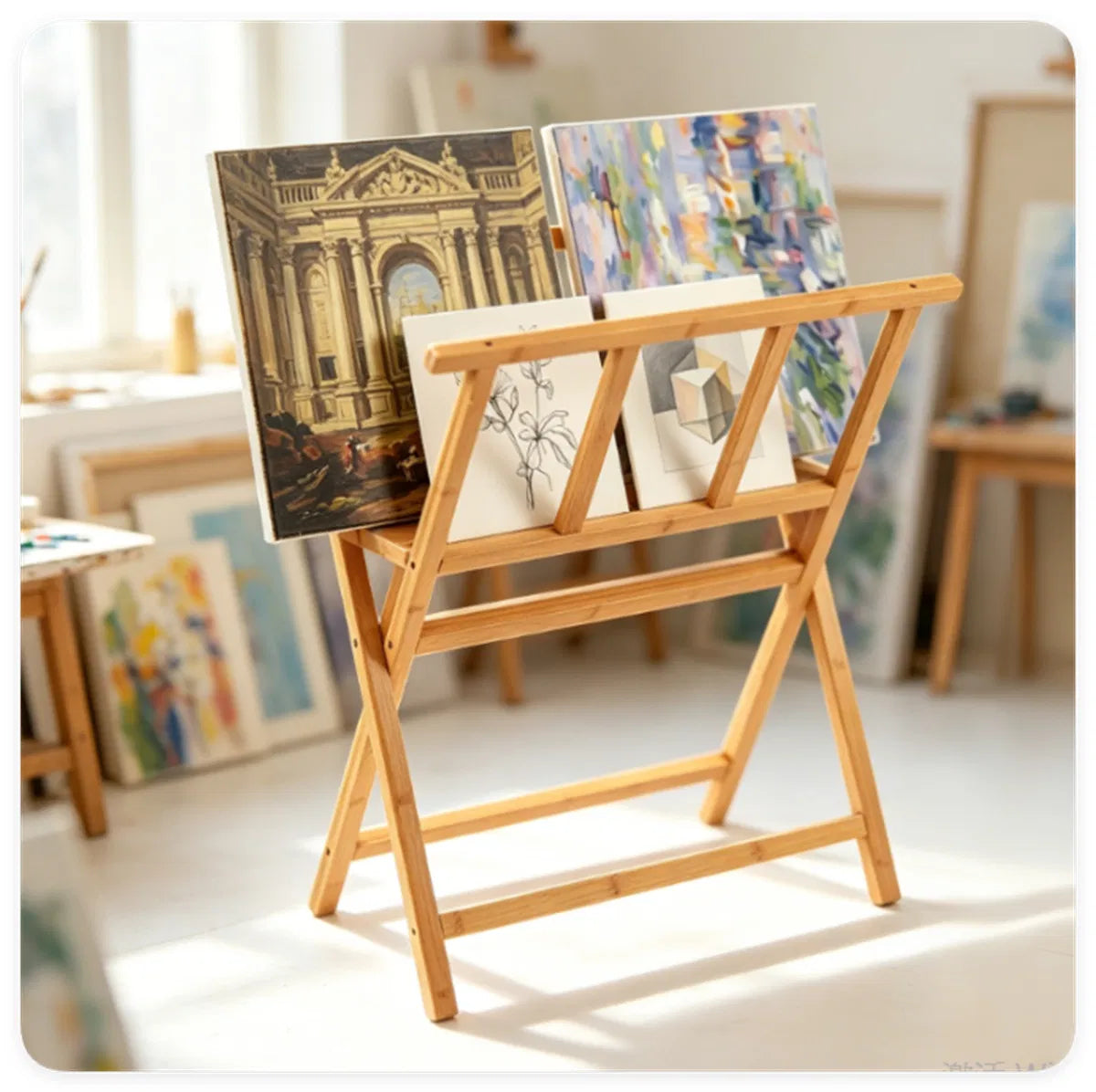 Natural Bamboo Art Storage Rack, Heavy-duty Canvas Print Display Stand