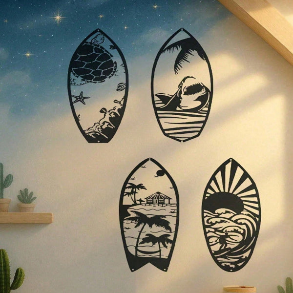 4 Piece Metal Surfboard Wall Art Coastal Beach House Decor Modern