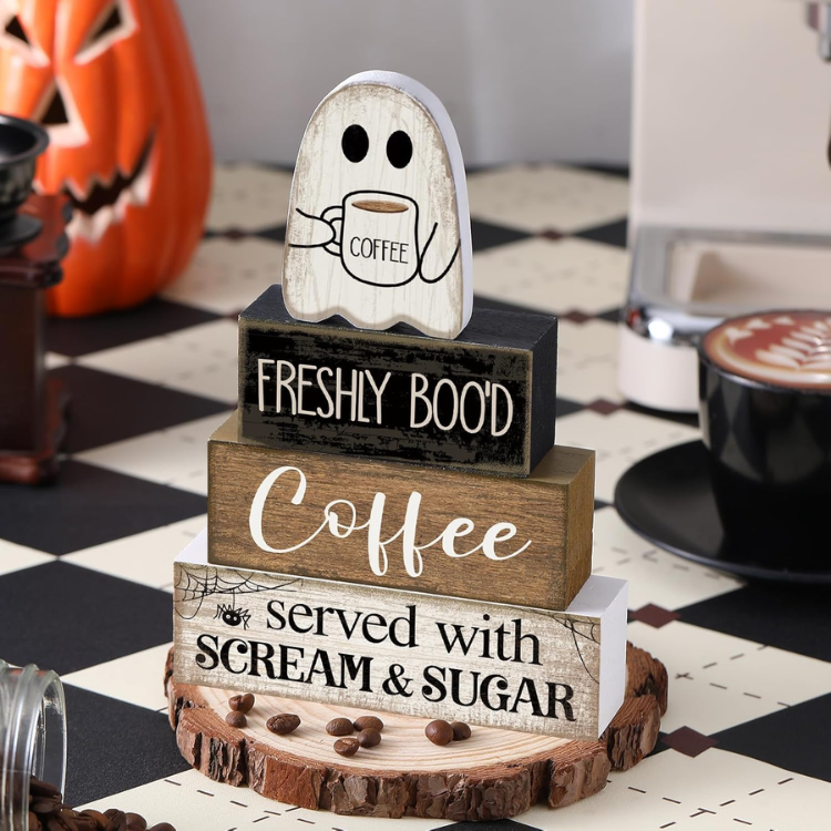 4 Pcs Halloween Wooden Ghost Coffee Table Decor, Cute Coffee Bar Signs
