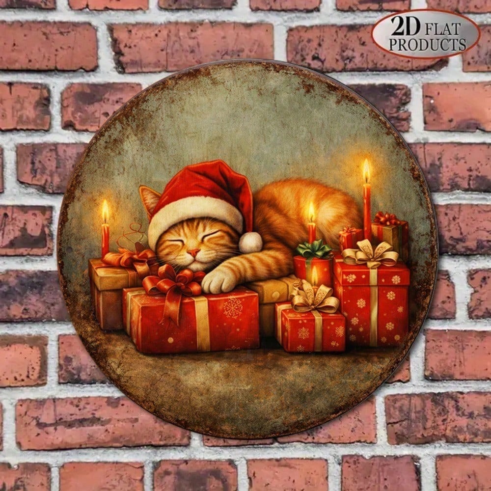 Vintage Christmas Kittens Round Sign 8x8in Cute Xmas Wall Decor