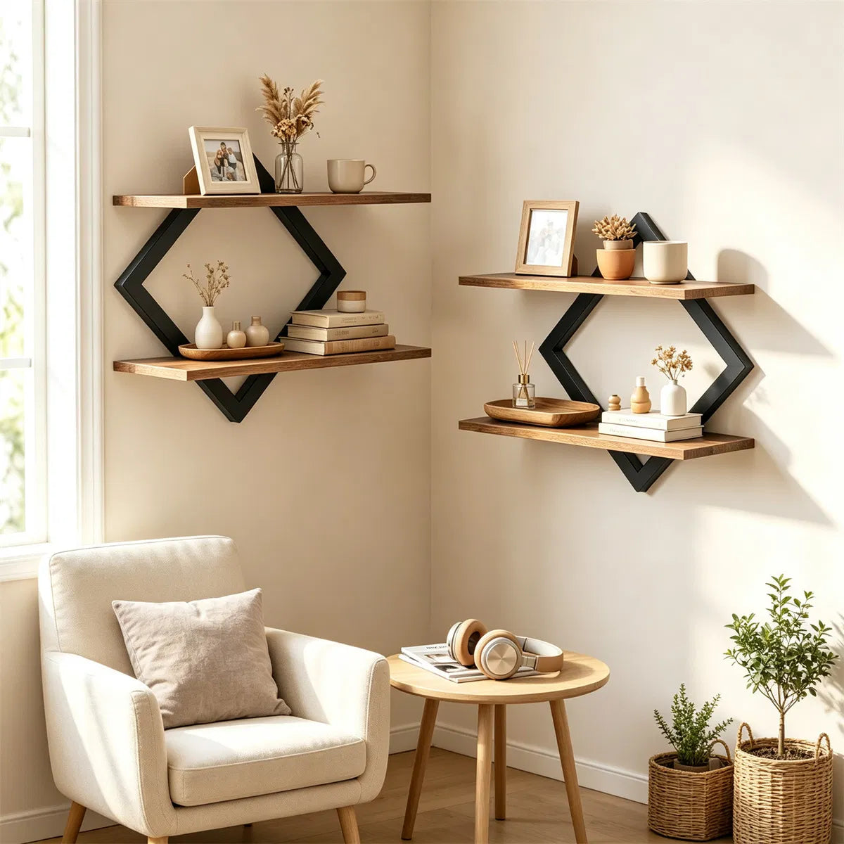Black Rustic Brown 2Tier Floating Wall Shelves Set Of 2, Diamond Metal