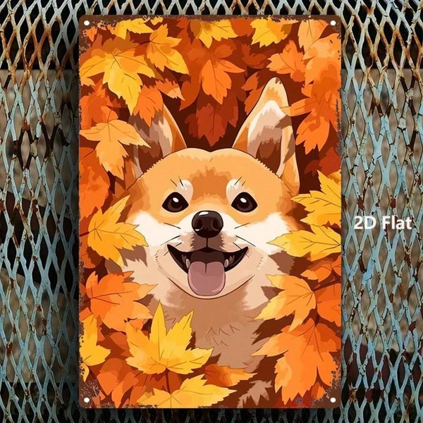 Cute Shiba Inu Metal Sign Autumn Leaves Dog Plaque Sturdy Tin Wall Art