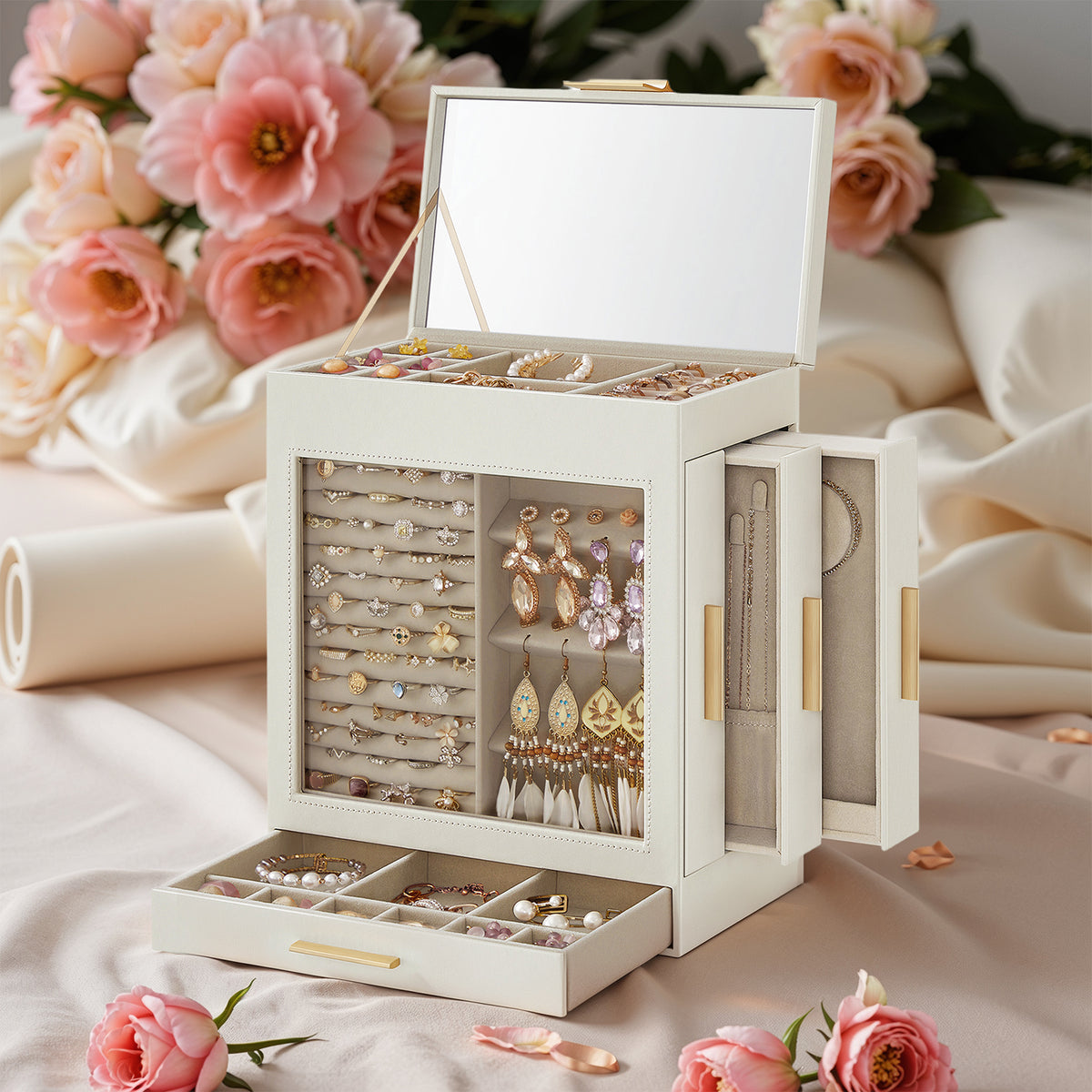 5-Layer Jewelry Box With Glass Window, 3 Side Drawers