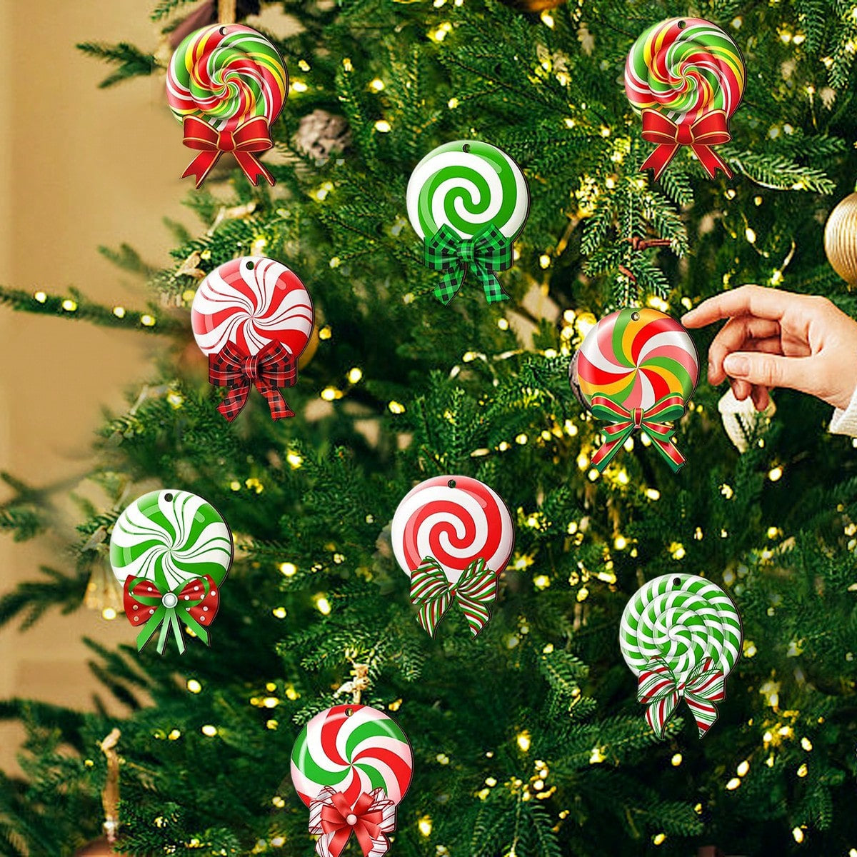 24 Pieces Peppermint Christmas Tree Ornaments Colorful Peppermint Wood
