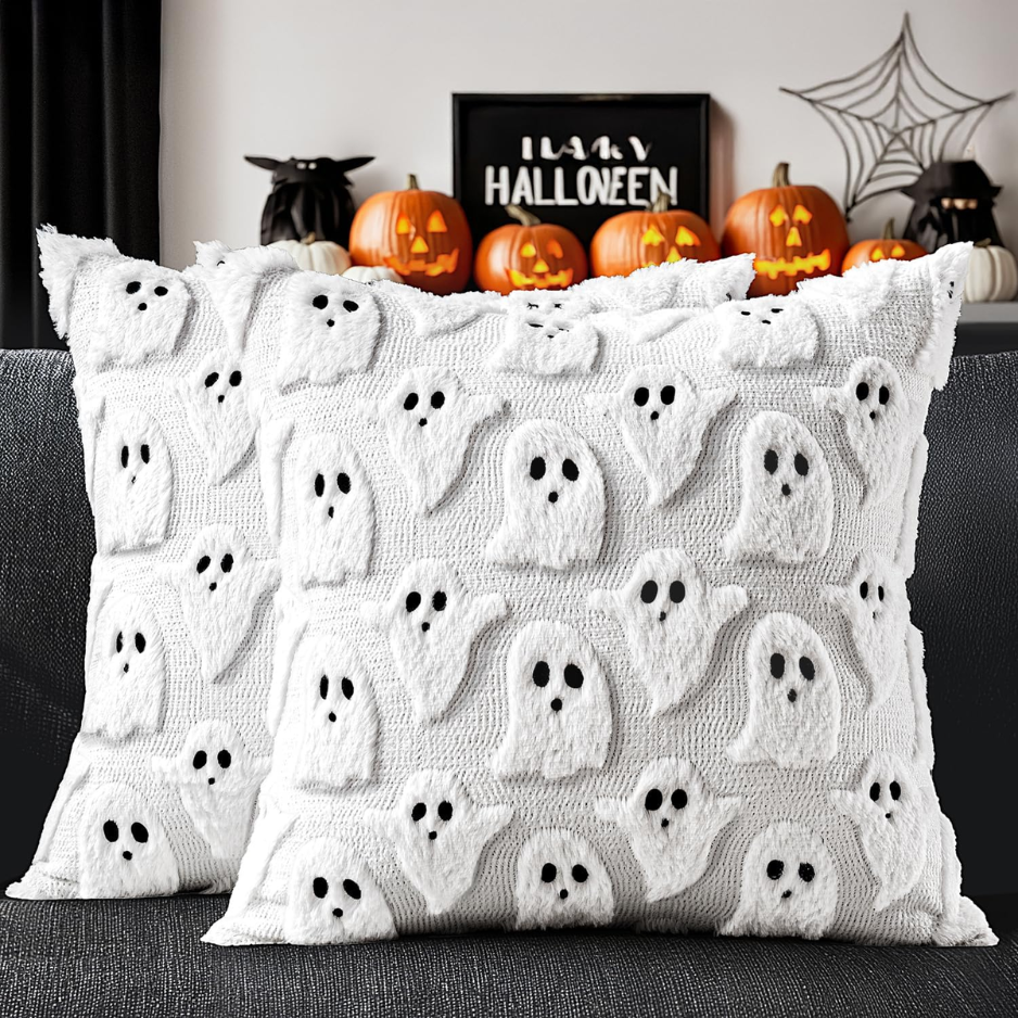 White Cute Ghost Halloween Pillow Covers 18x18 Set Of 2 Spooky