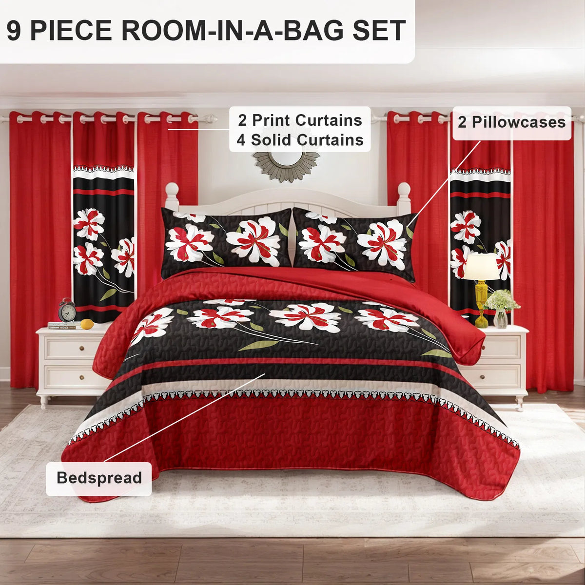 9-Piece Red & Black Floral Bedding & Curtain Set - Quilted Microfiber