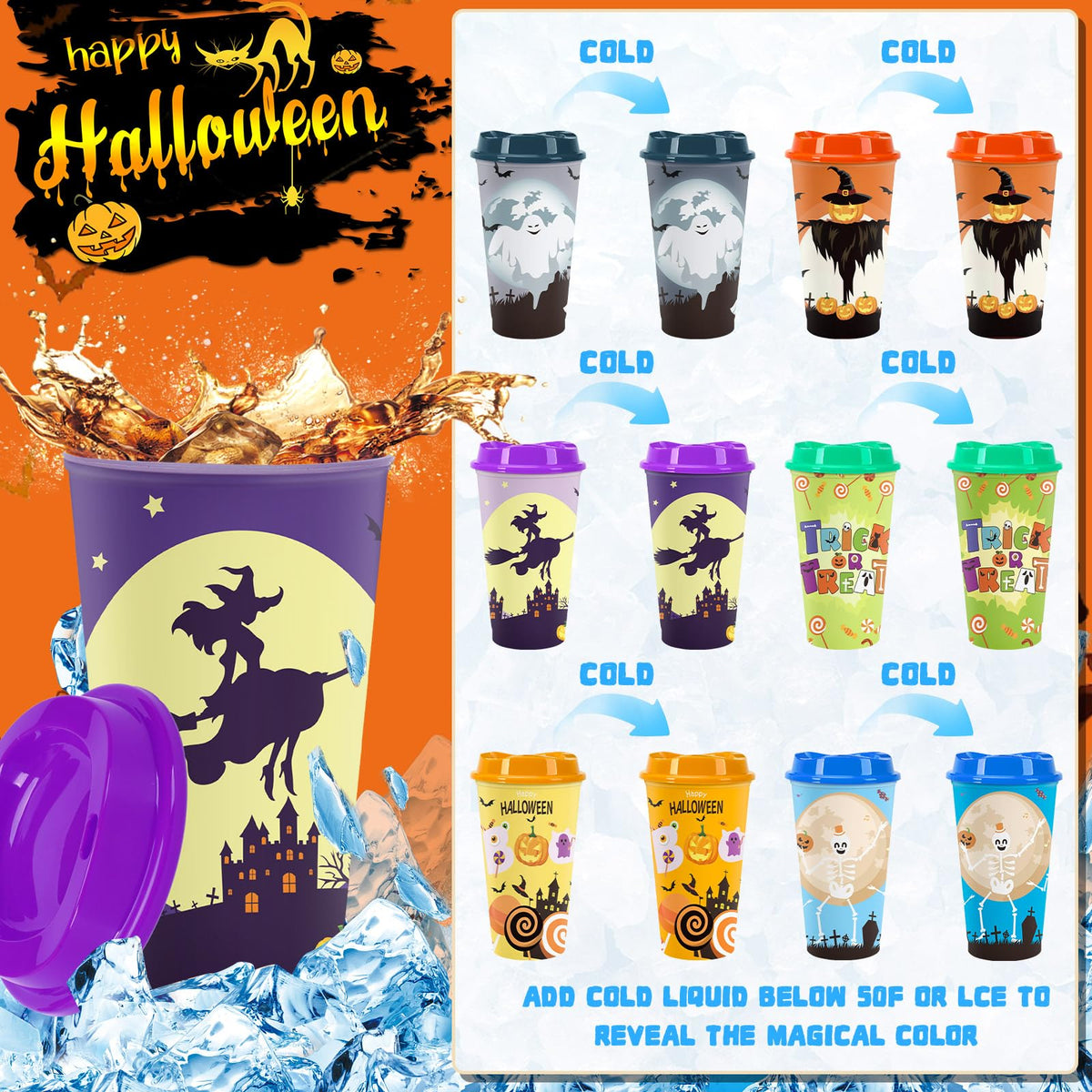 6pcs Halloween Color Changing Cups, 16Oz Reusable Plastic Coffee Cups