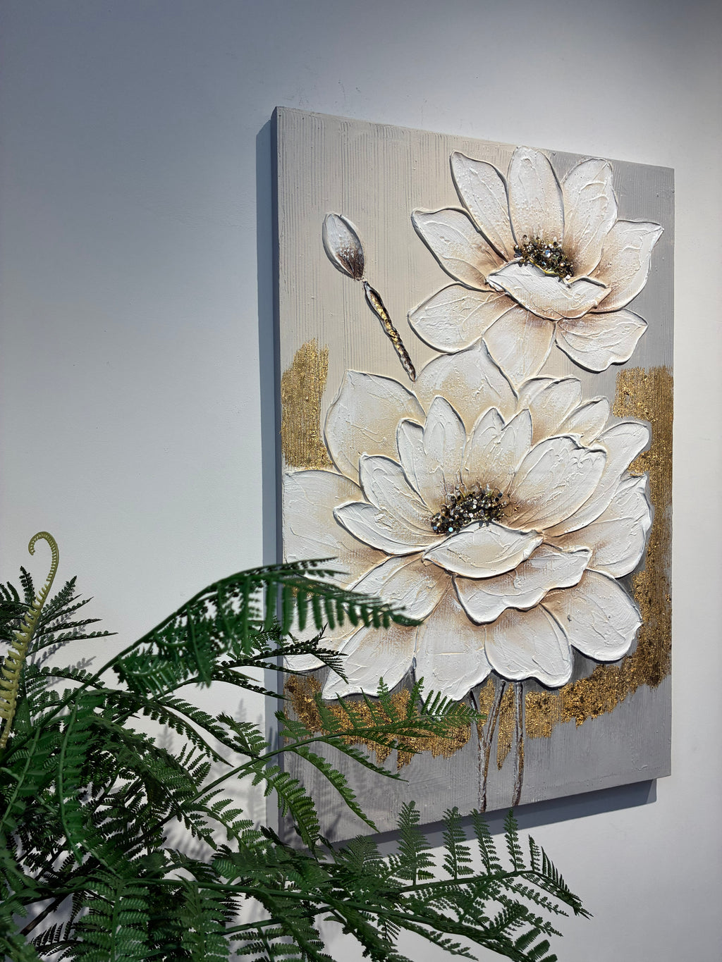 24x36 White Lotus Flower Canvas Wall Art, Hand-painted Thick Textured