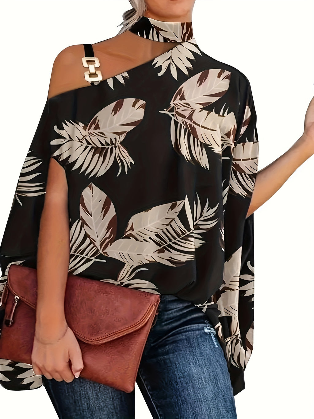 Leaves Print One Shoulder Blouse, Elegant Chain Strap Mock Neck Short