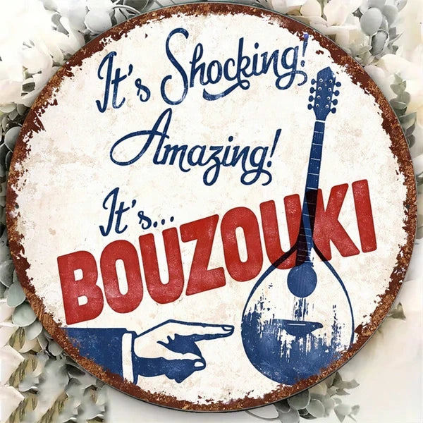 1pc 8x8in Vintage Bouzouki Instrument Round Sign, "" Instrument Round