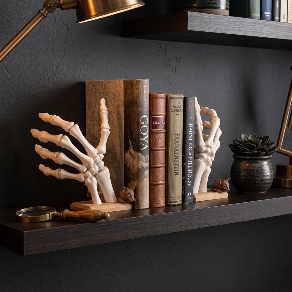 Skeleton Hand Bookend Gothic Book Holder, Halloween Bone Hand Bookshelf