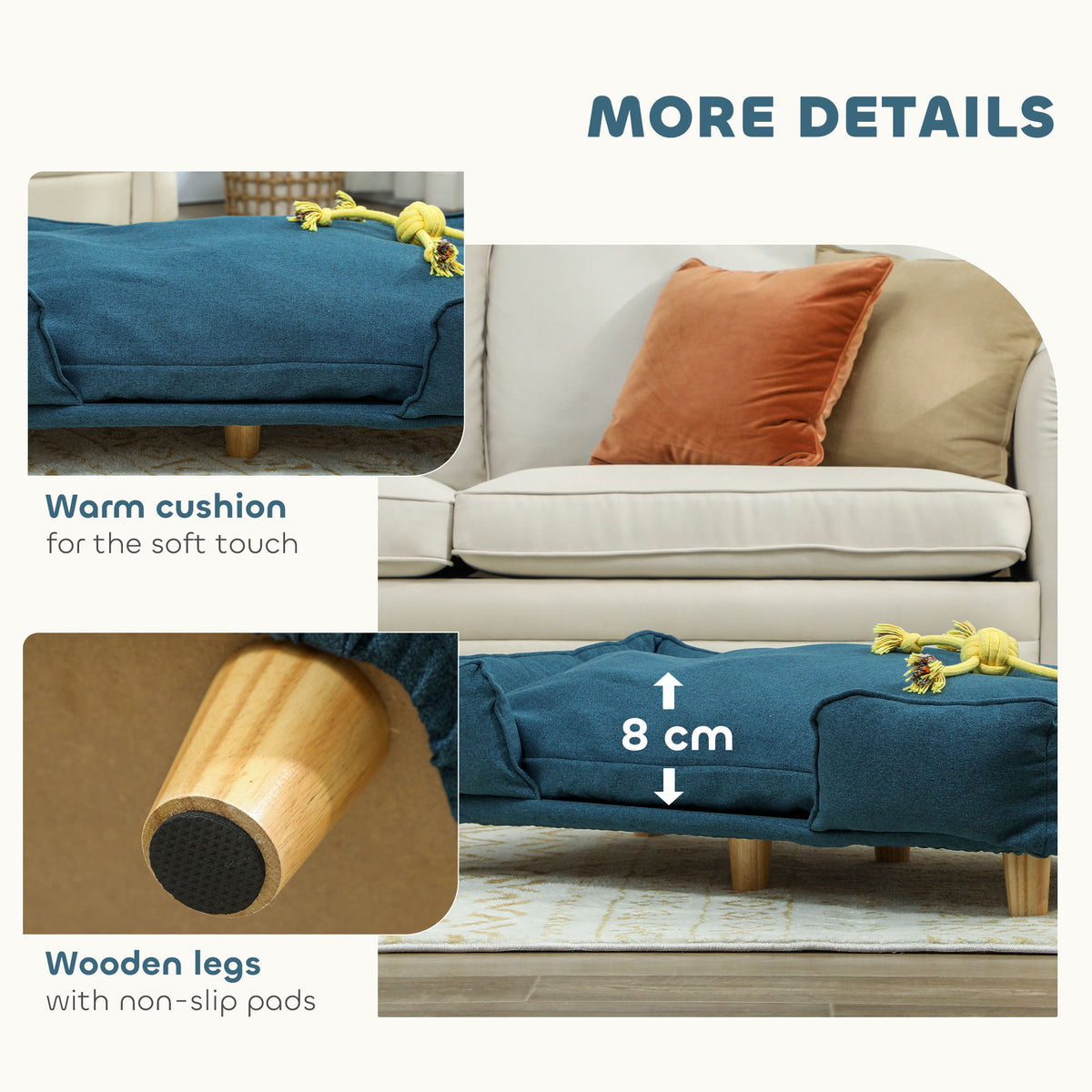 Raised Dog Couch With Comfortable Cushion, Pine Wood Legs, Foot Pads