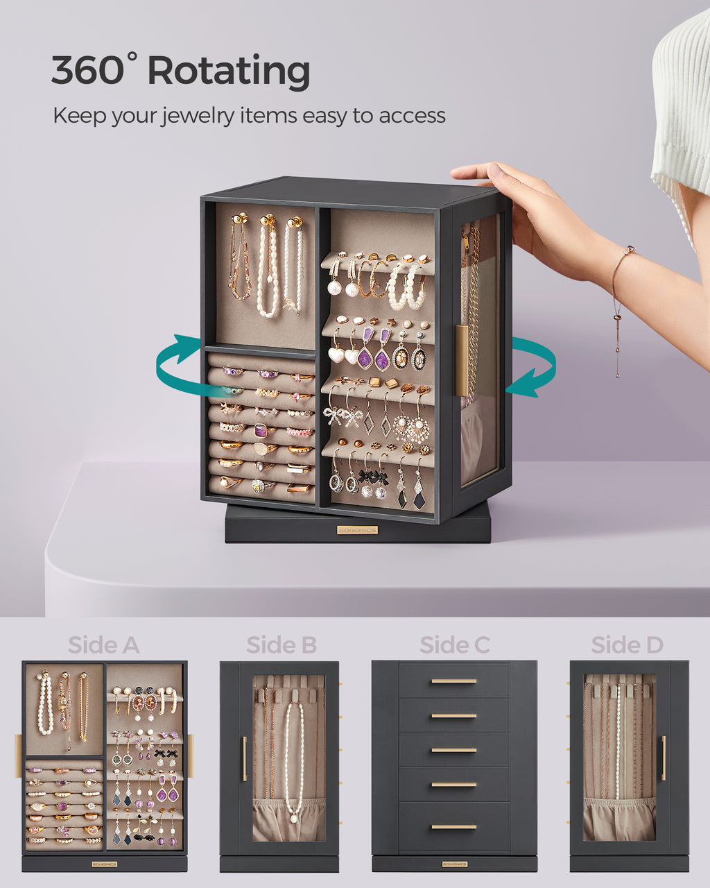 Songmics Jewelry Box Organizer, 360° Rotating, 5 Drawers, Gray And Beige