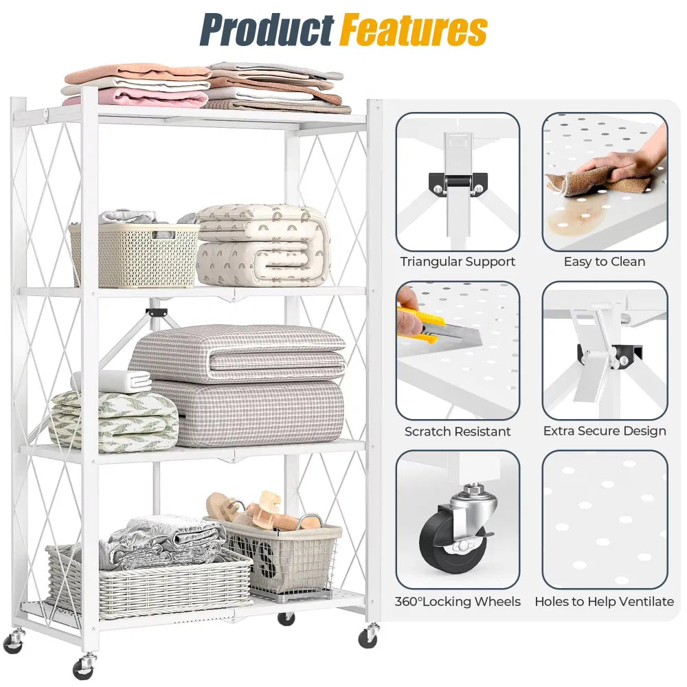 4-Tier Foldingstorageshelves With Wheels, Foldable Metal Rack