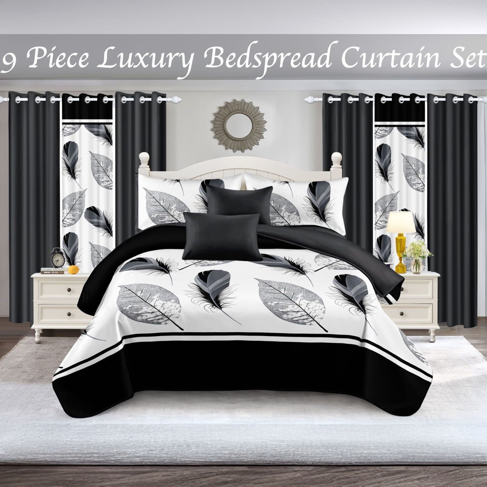 9-Piece Black And White Feather Bedspread And Curtain Set, Reversible