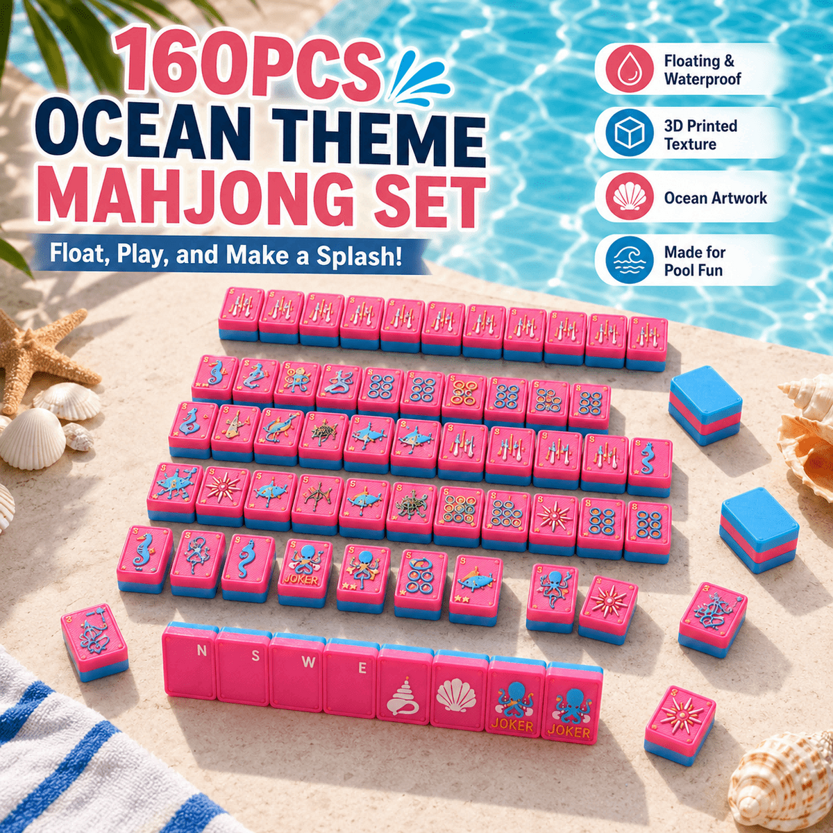 160PCS 3D Printed Floating American Mahjong Set, Ocean Theme Waterproof