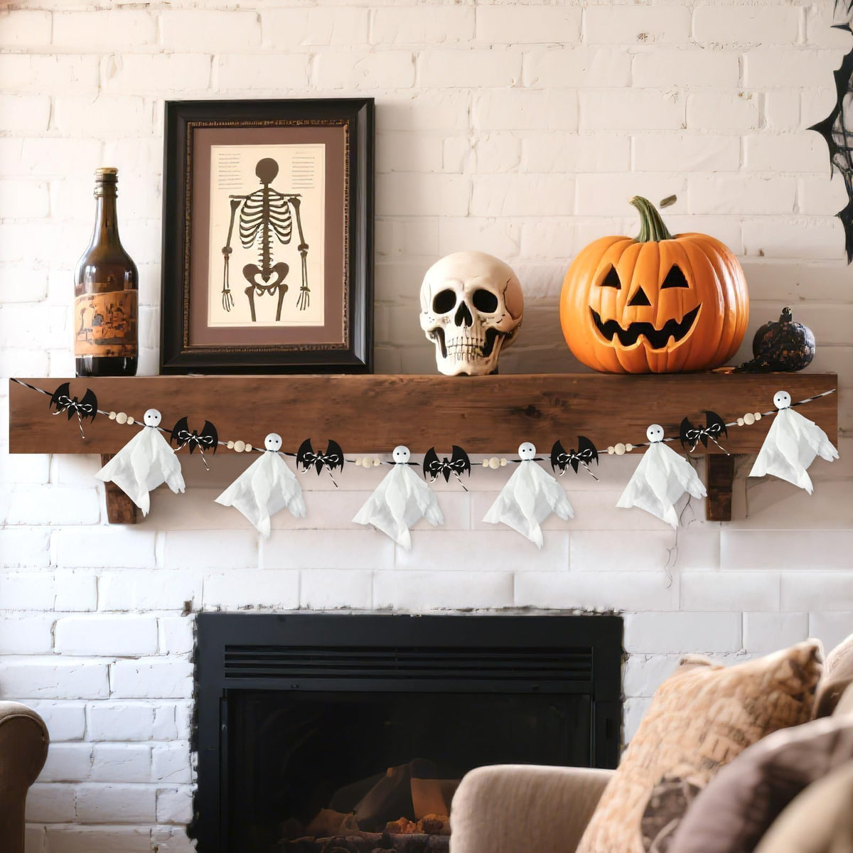 Halloween Ghost and Bat Garland, 7 ft