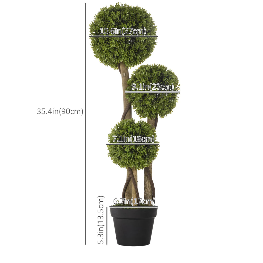 3FT Potted Fake Plant, Artificial Boxwood Topiary Tree, Triple Ball