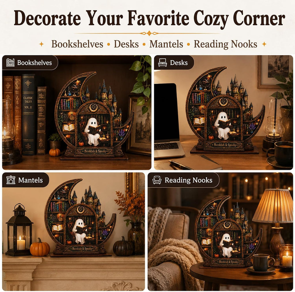 Bookish Spooky Halloween Decor, Castle Bookshelf Scene With Reading