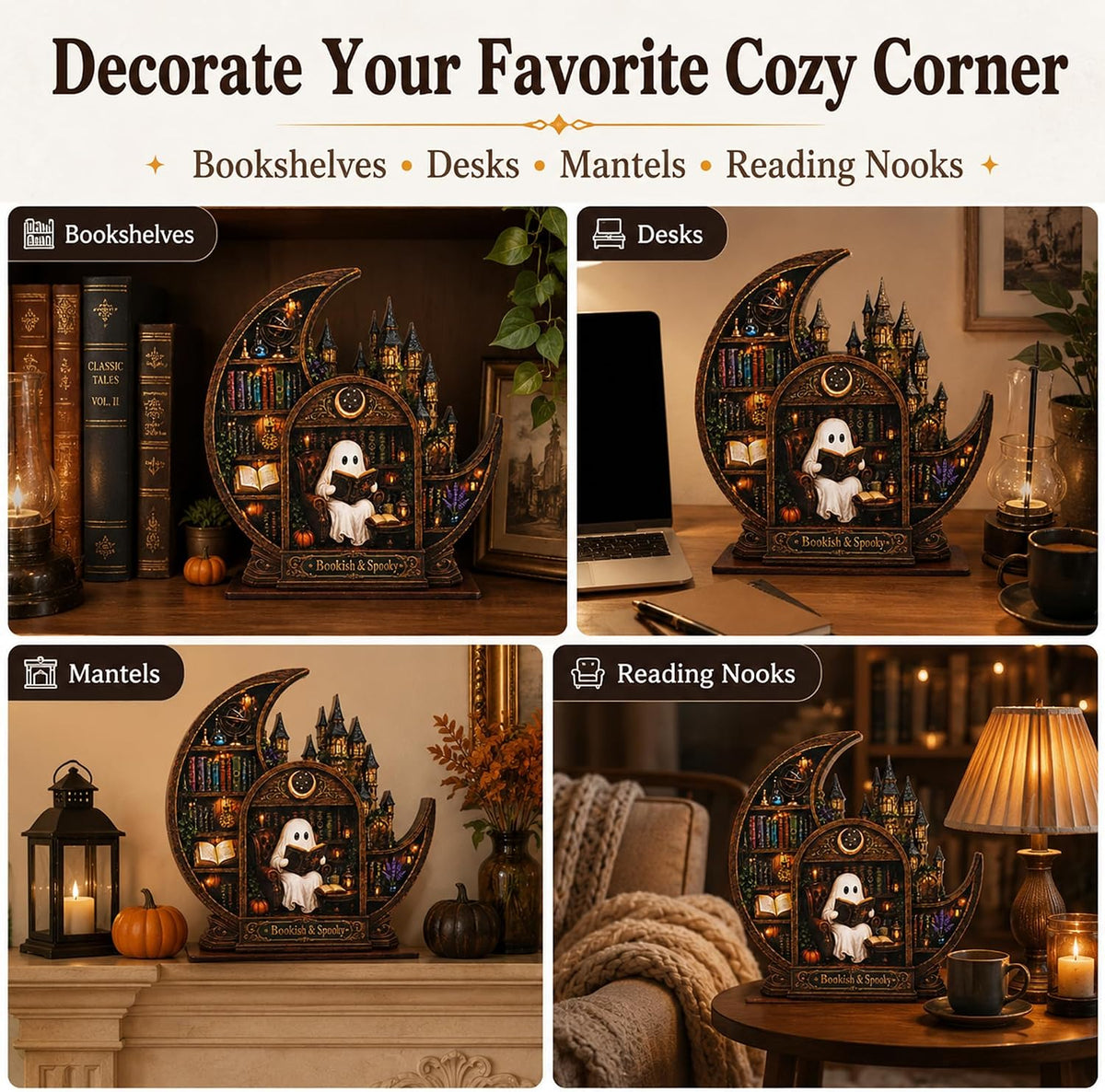Bookish Spooky Halloween Decor, Castle Bookshelf Scene With Reading
