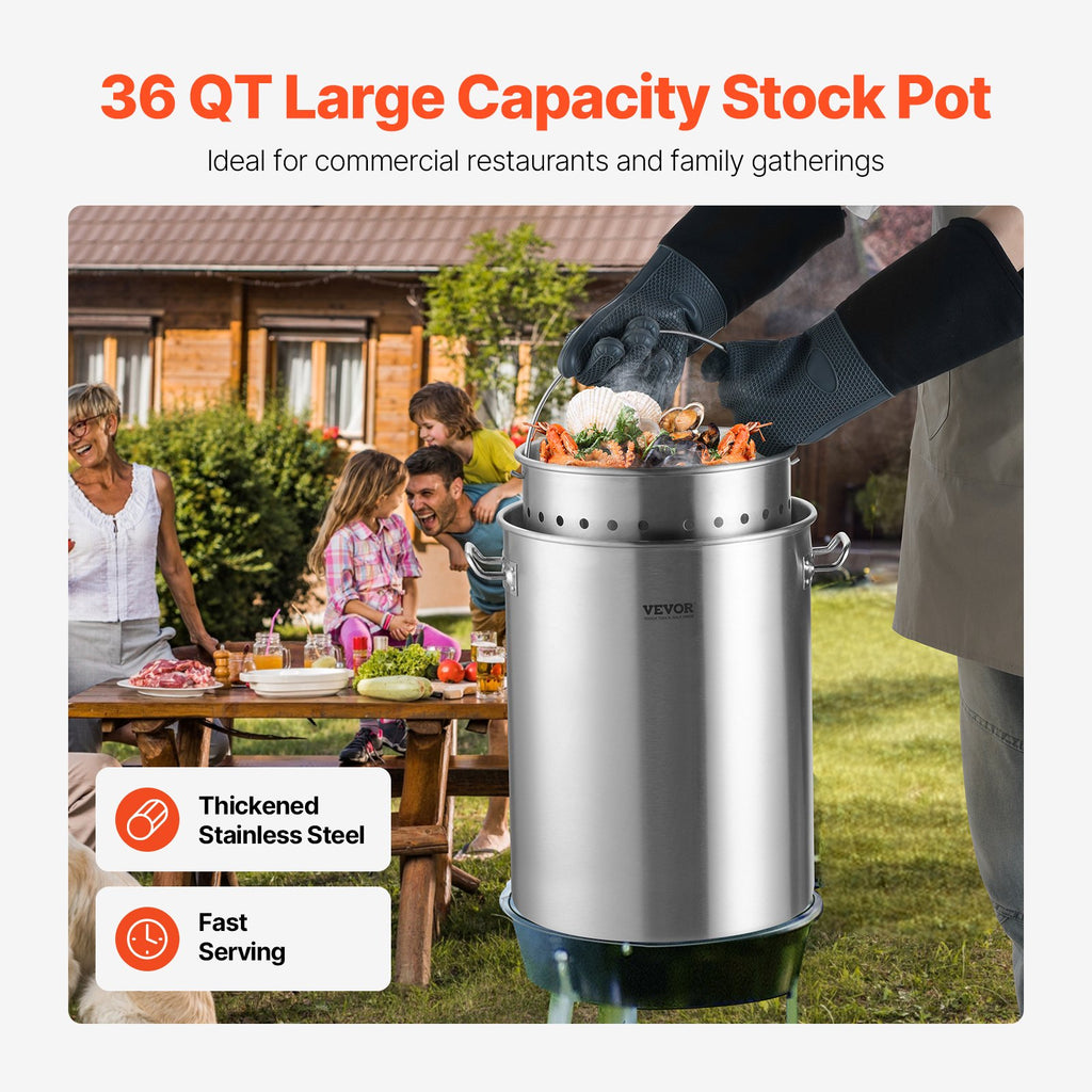 36QT Stainless Steel Stockpot Cooking Kitchen Sauce Pot With Basket Lid