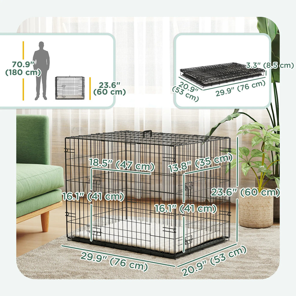 30" Dog Crate With 2 Doors, Folding Metal Dog Cage With Soft Cushion