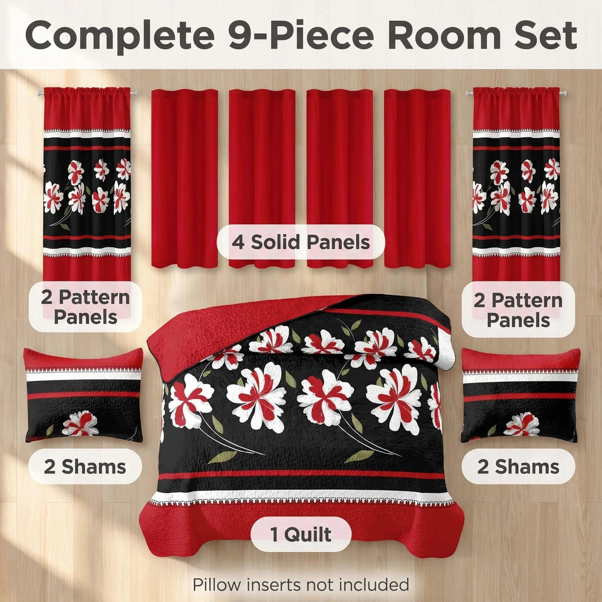 9-Piece Black And Red Floral Bedspread And Curtain Set, Reversible