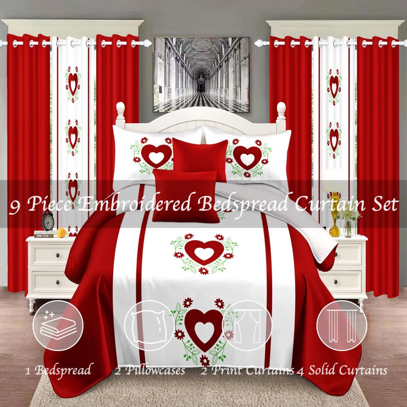 9-Piece Red Embroidered Bedspread And Curtain Set For Twin