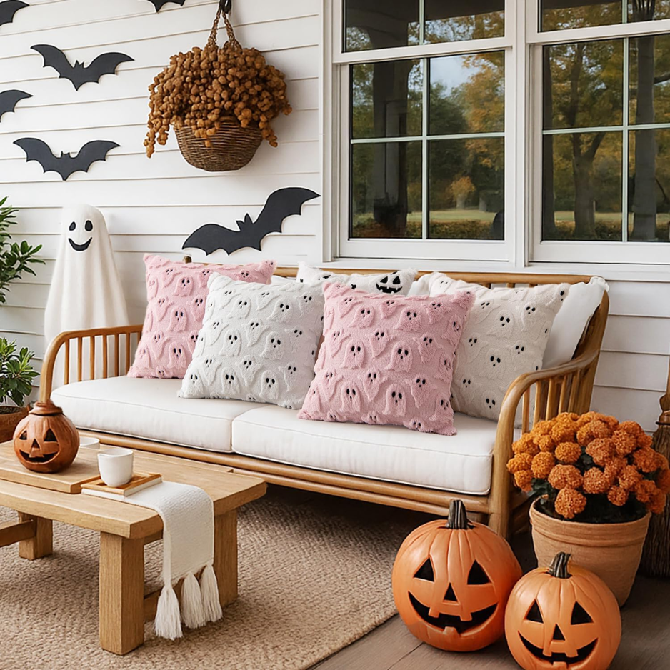 White Cute Ghost Halloween Pillow Covers 18x18 Set Of 2 Spooky