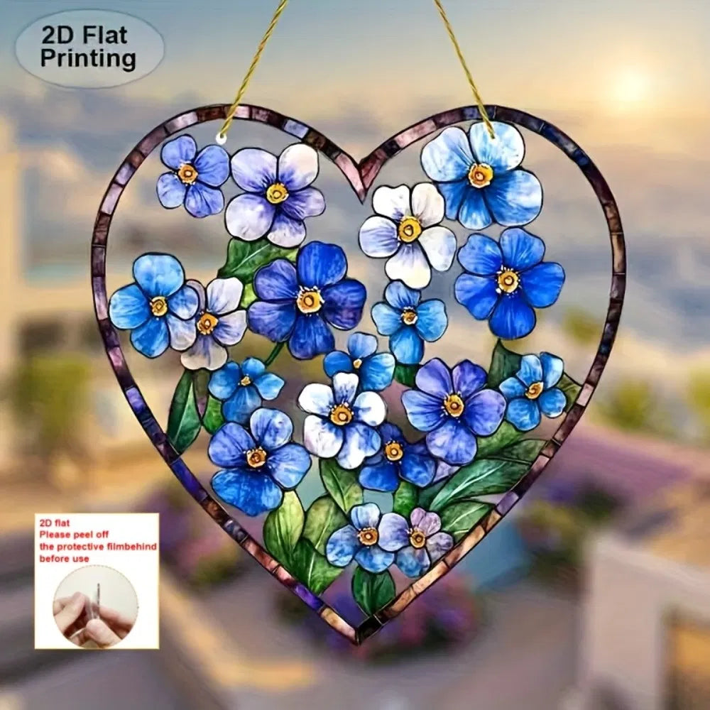 Acrylic Blue Floral Heart Stained Glass Style Sun Catcher Window Wall