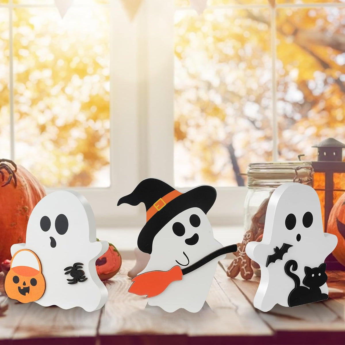 3 Pack Halloween Decorations, Cute Ghost Tabletop Decor, Wooden Tiered