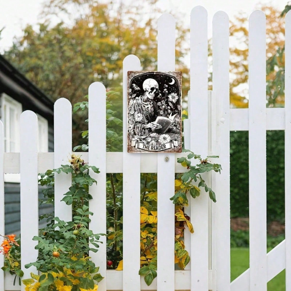 Vintage Retro Skeleton Reading Books Metal Tin Sign, Funny Floral Moon