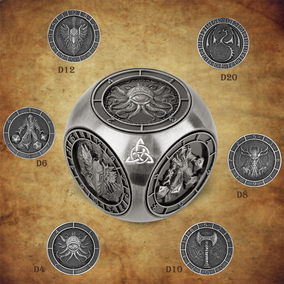 6-pack DND Dice Wheel Gift Box Set, Retro Wheel Metal Polyhedral Board