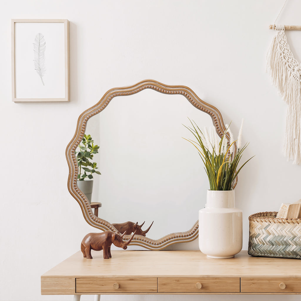 23.62 Inches Wood Round Wavy Wall Mirror Round Wall Mirror Scalloped