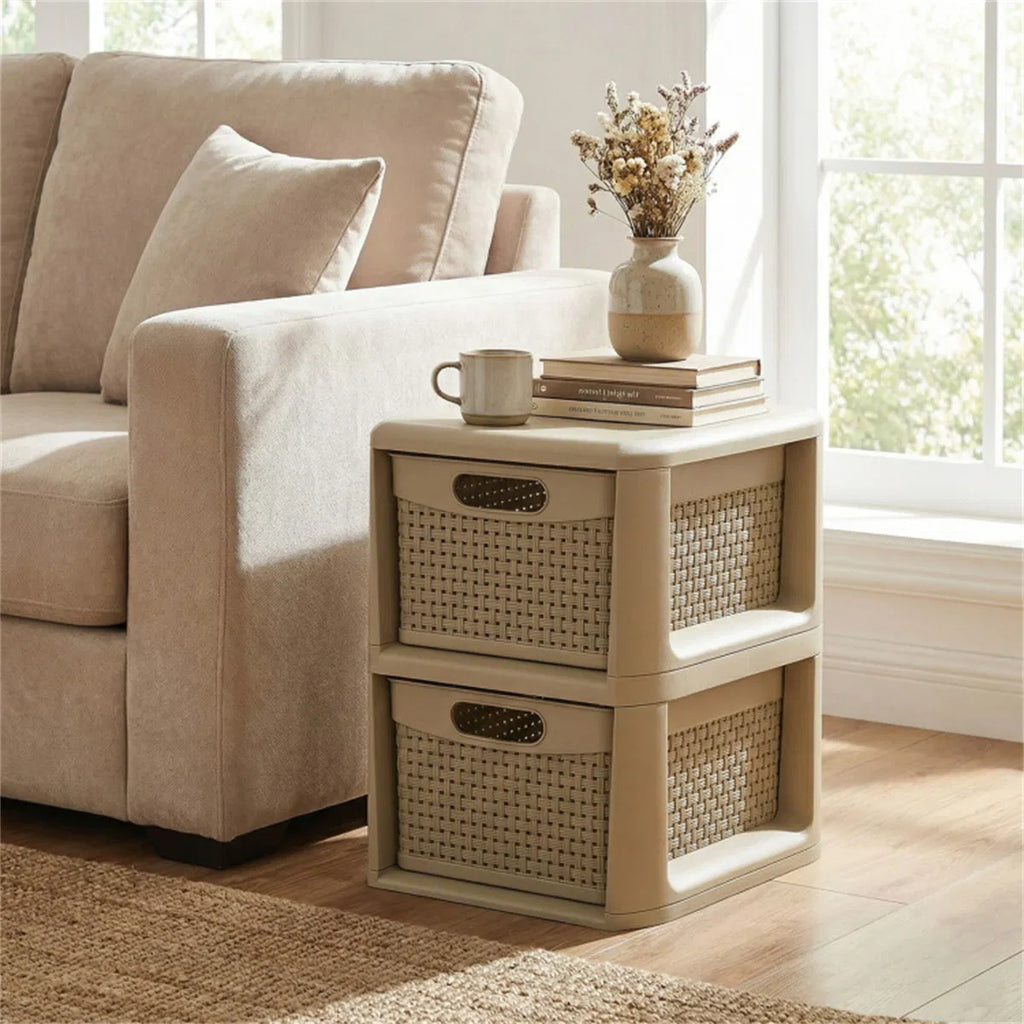 2-Drawer PP Storage Organizer Wicker Style Narrow Cabinet For Home