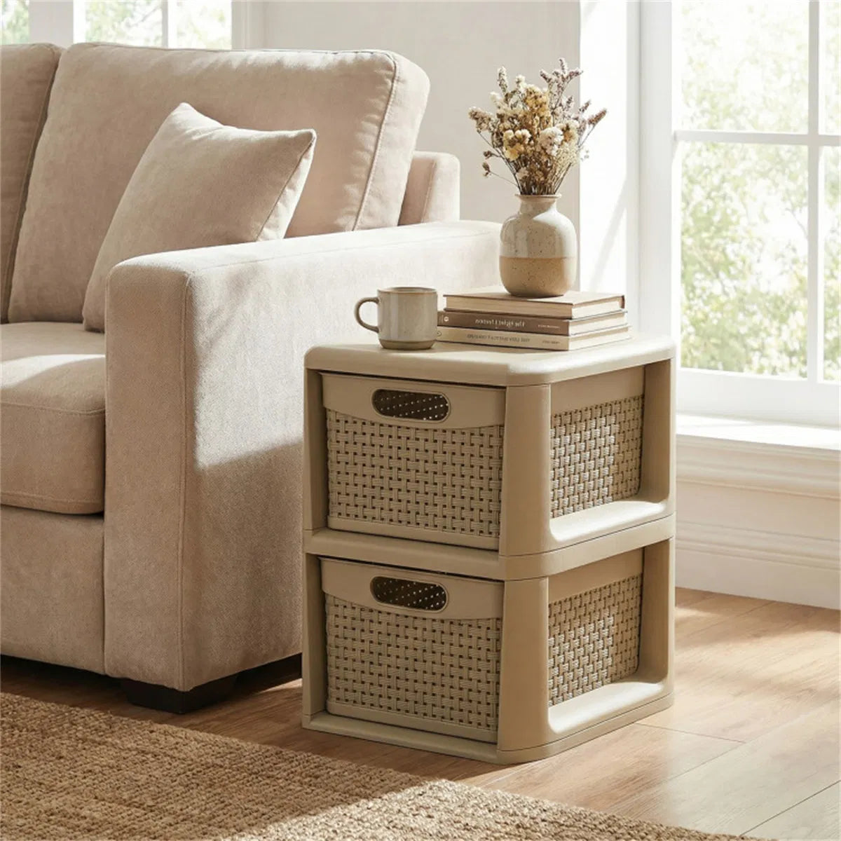 2-Drawer PP Storage Organizer Wicker Style Narrow Cabinet For Home