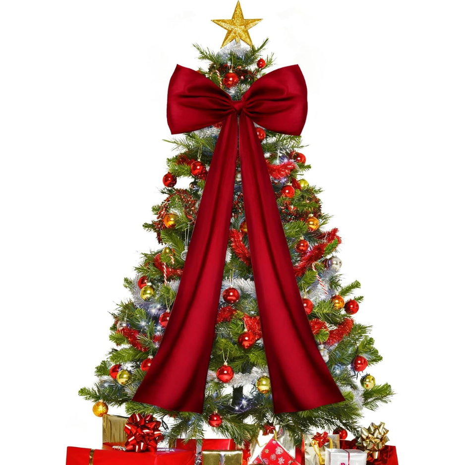 Large Wine Red Satin Christmas Tree Topper Bow, Elegant Holiday Decor