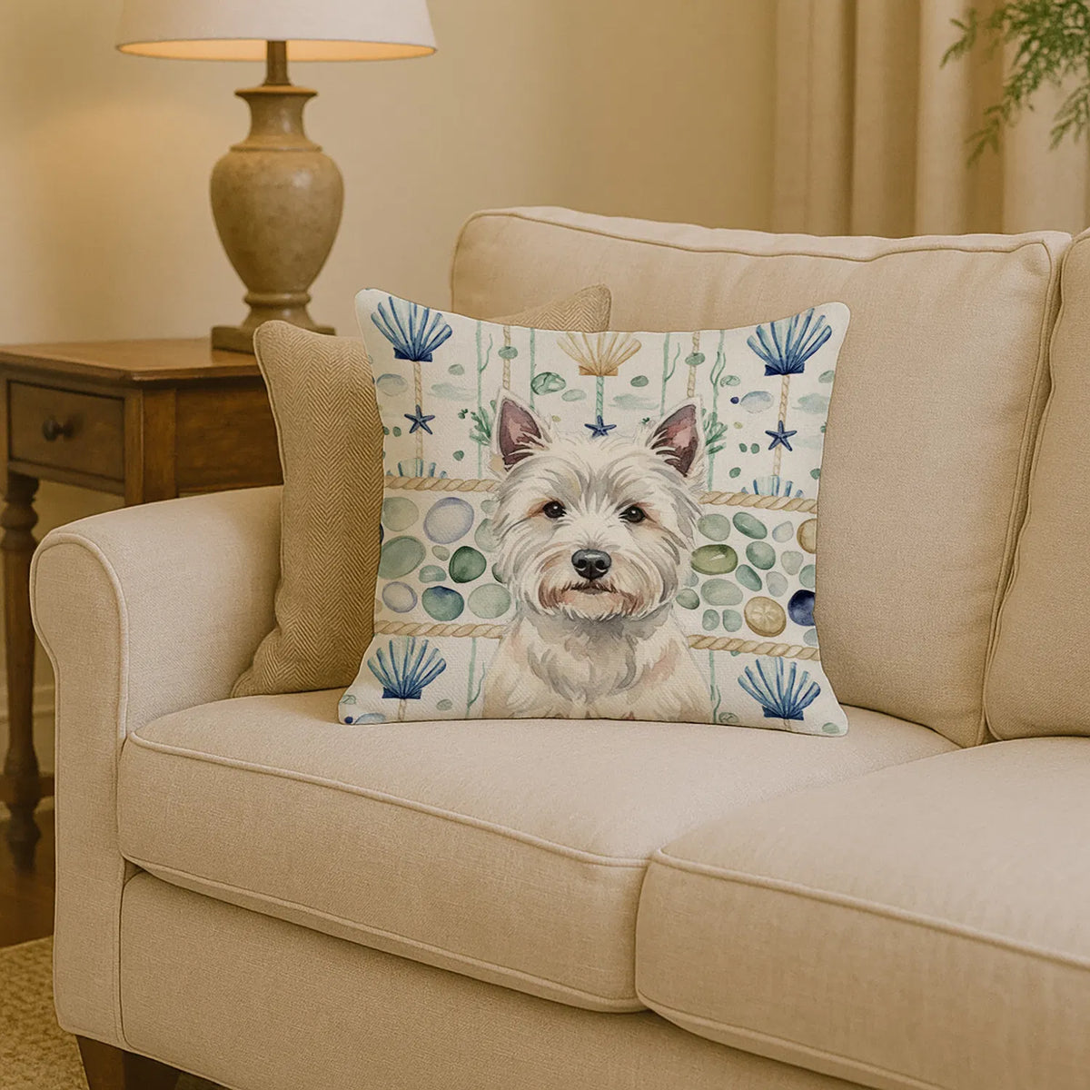 Westie Coastal Sea Glass Throw Pillow Decorative Indoor Outdoor Accent