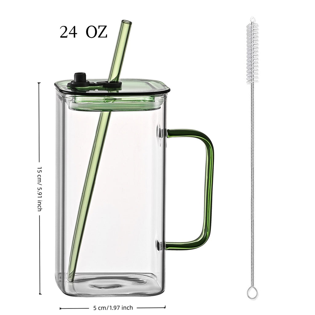 1 Pcs Blue Glass Straw Cup, 4 Colors Square Glass Cup With Straw