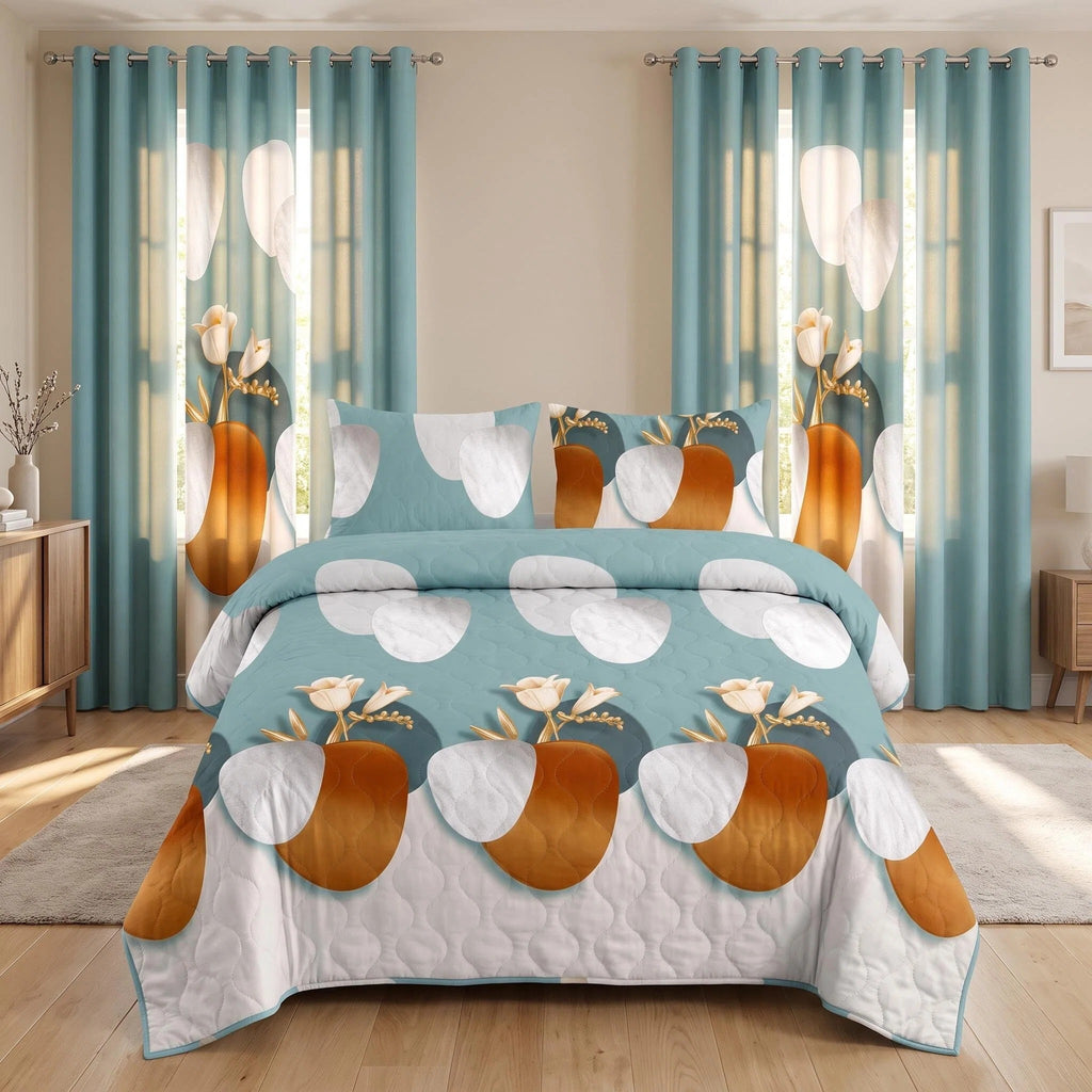 9-Piece Green Dot Quilted Bedspread And Curtain Set, Microfiber Bed