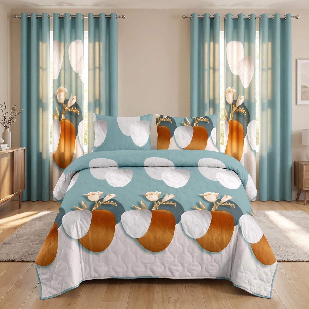 9-Piece Green Dot Quilted Bedspread And Curtain Set, Microfiber Bed