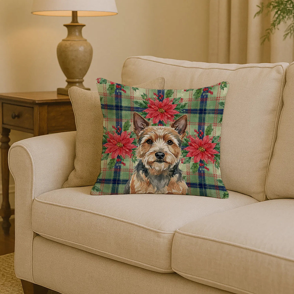 Norwich Terrier Christmas Poinsettias Throw Pillow Decorative Indoor