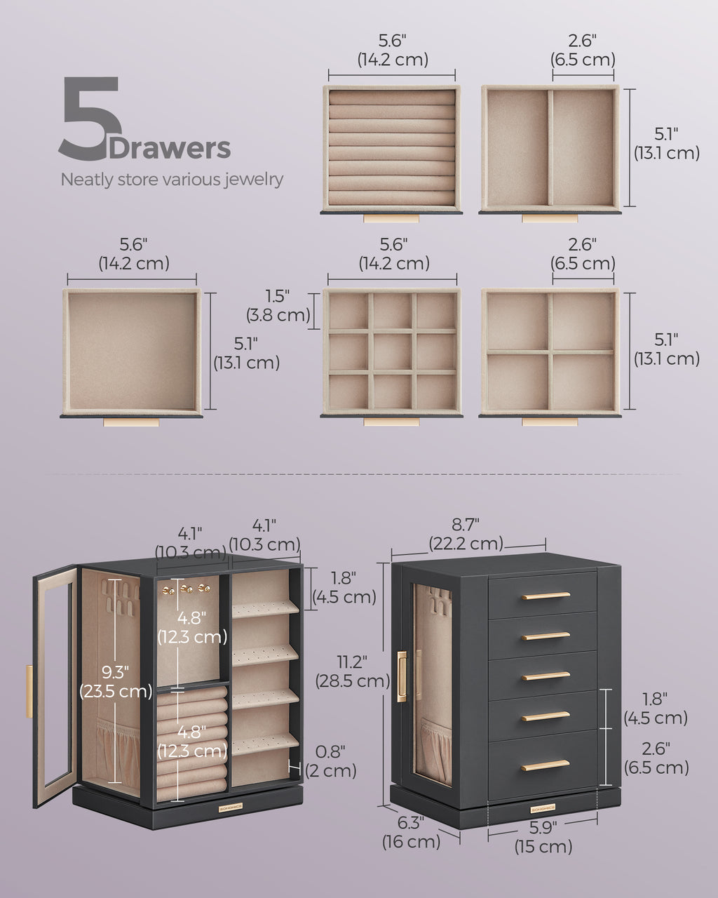 Songmics Jewelry Box Organizer, 360° Rotating, 5 Drawers, Gray And Beige