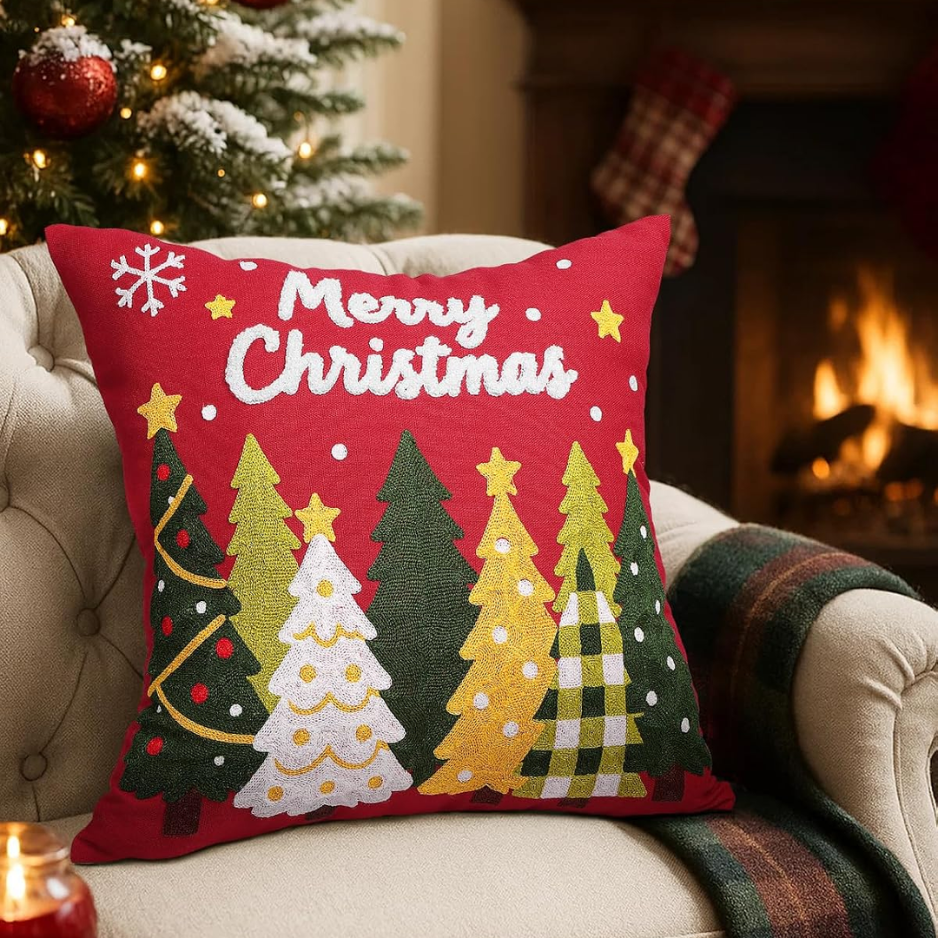 Christmas Embroidered Pillow Cover 18x18 Inch, Red Trees
