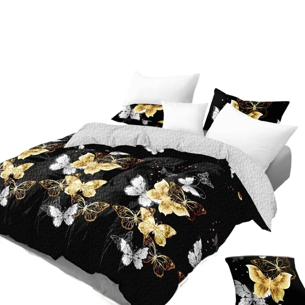 9-Piece Black & Gold Butterfly Bedding & Curtain Set - Quilted