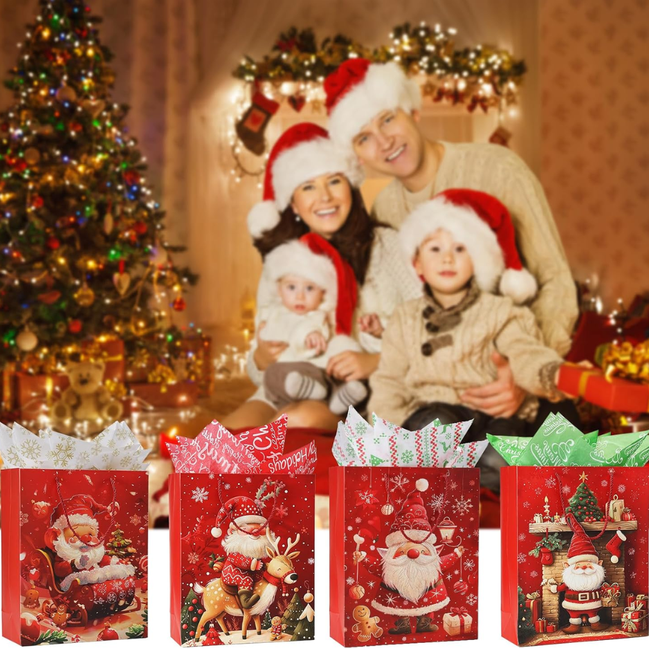 12 Christmas Gift Bags With 12 Tissues And 1 Satin Ribbon Medium