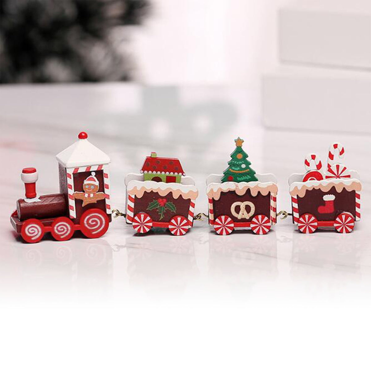 Xmas Train Ornament Cute Festive Wooden Train Window Desktop Decoration