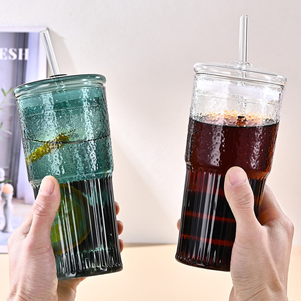20 Oz 2-pack Green Glass Straw Cup With Vertical Pattern Cup And Lid
